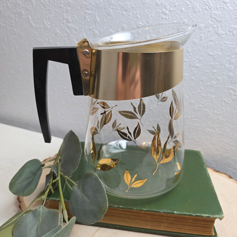 Vintage Douglas Flameproof Glass Carafe Gold Leaf Mid Century Modern Pitcher